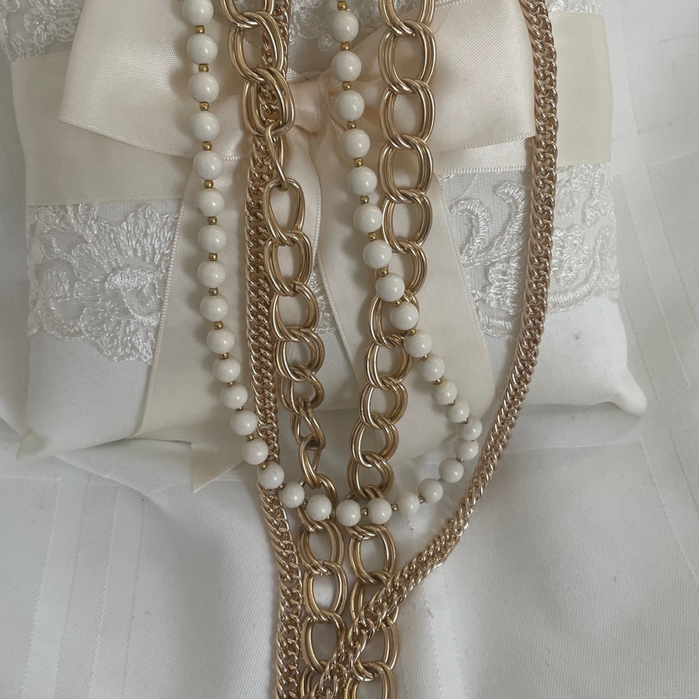 Gold Multi-Strand Multi Length Necklace w/White Beads - Women Jewelry - Trio set - Picture 10 of 11